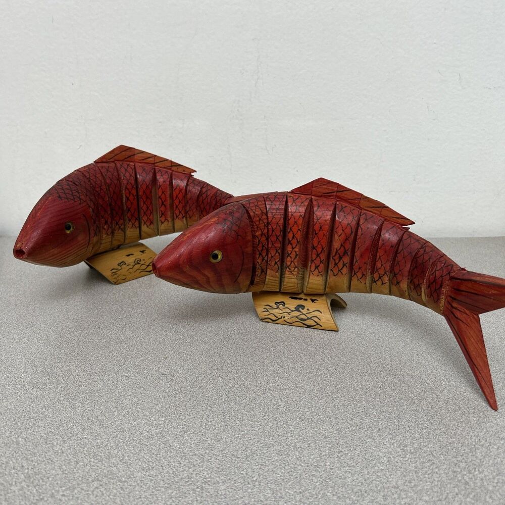 Vintage Lot Of 2 Red Koi Fish, Articulated, 13 Inches, Carved Wooden Figurines‎